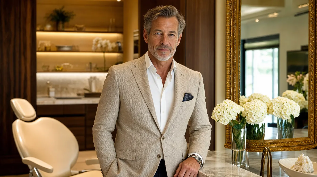 An elegant cosmetic dentist standing in an upscale design-studio-style dental suite
