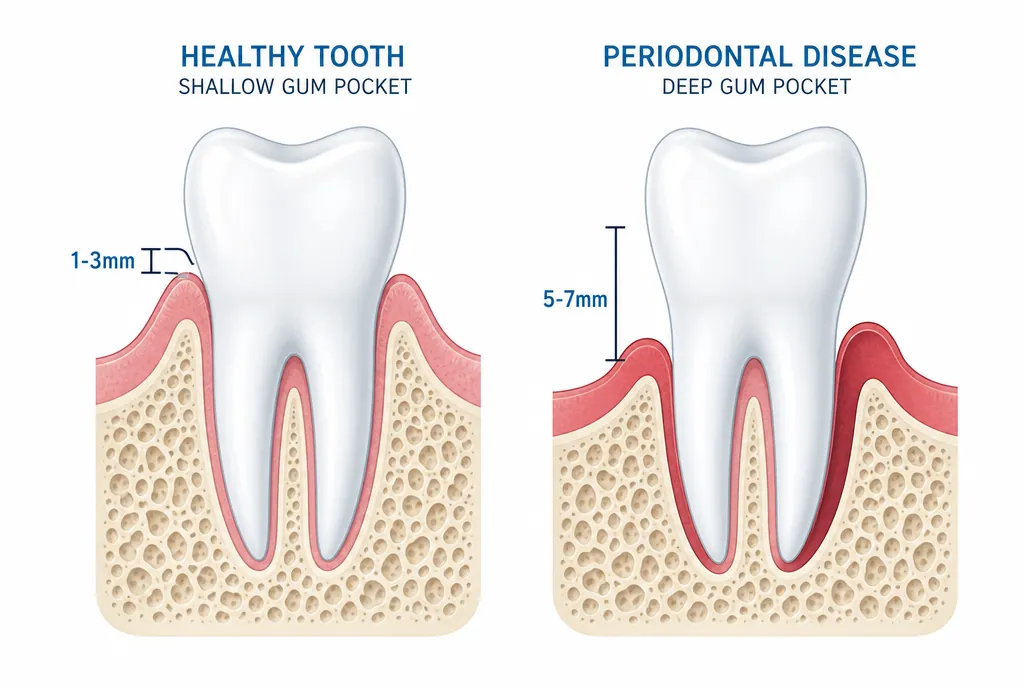 Cross-section comparison: a healthy gumline with high bone versus a receded gumline with bone loss and a deeper pocket