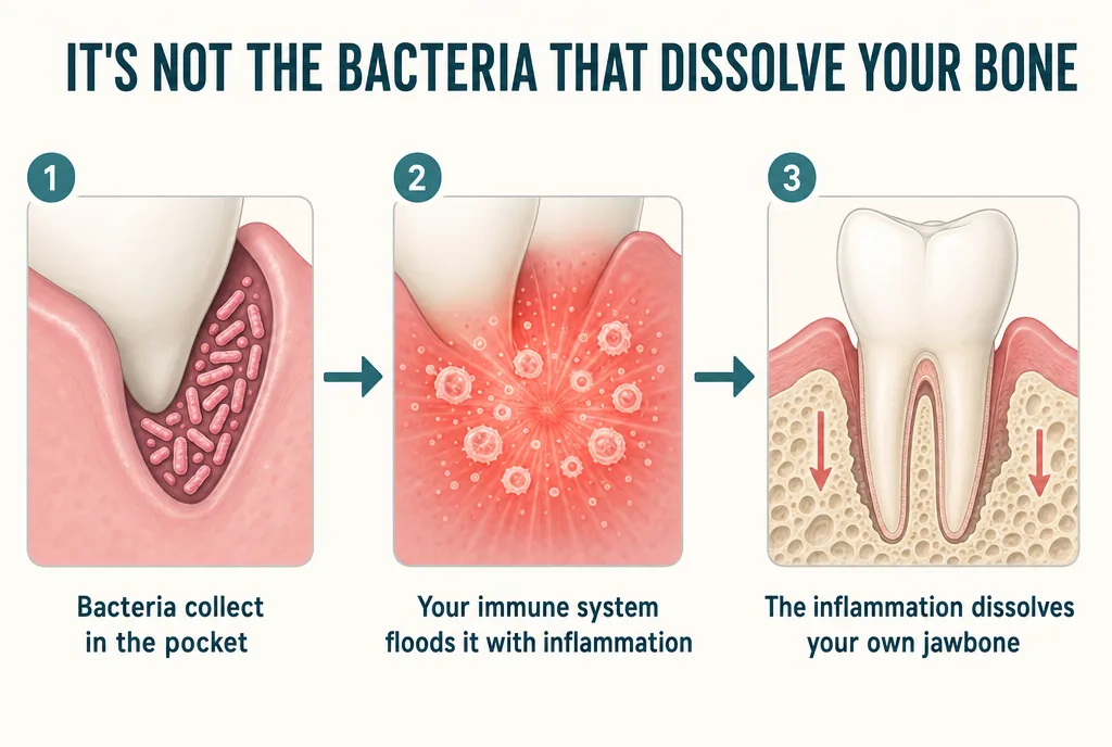 Three-step diagram: bacteria collect in the pocket, the immune system floods it with inflammation, and the inflammation dissolves your own jawbone