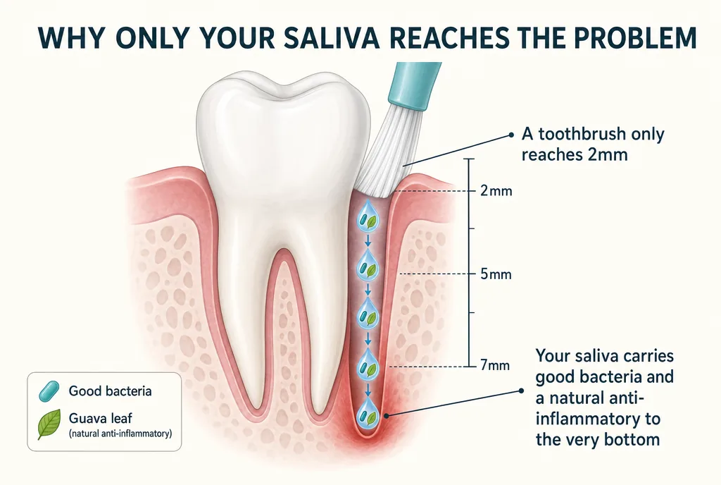 Diagram: a toothbrush reaches only 2mm while saliva carries the fix all the way to the base of a deep pocket